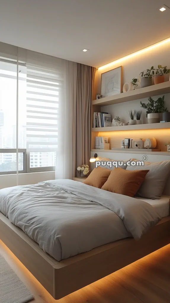 Minimalist bedroom with a large bed featuring gray bedding and brown accent pillows, wall-mounted shelves adorned with plants and decor, and floor-to-ceiling windows with sheer curtains.