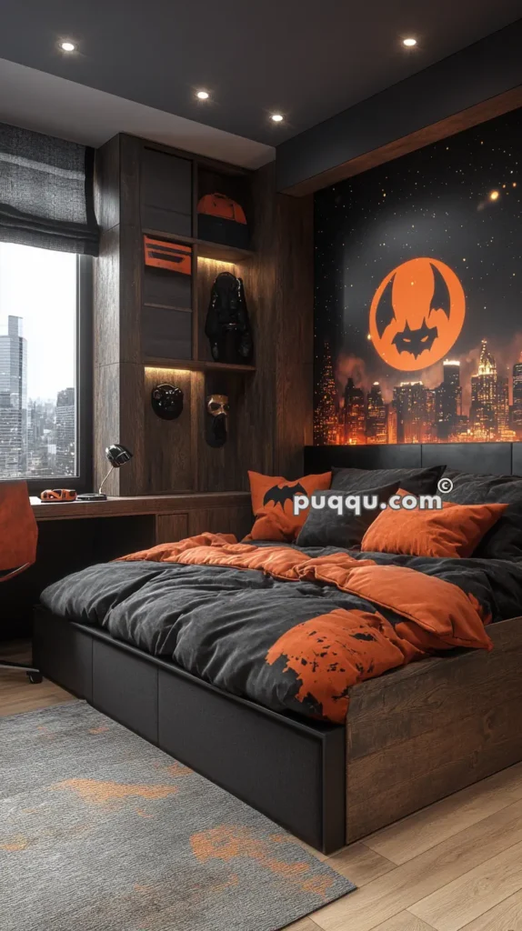 Modern bedroom with a dark and orange color scheme, featuring a cityscape mural with a large orange bat symbol, a bed with black and orange bedding, shelves with masks, and a desk with a window overlooking a city skyline.