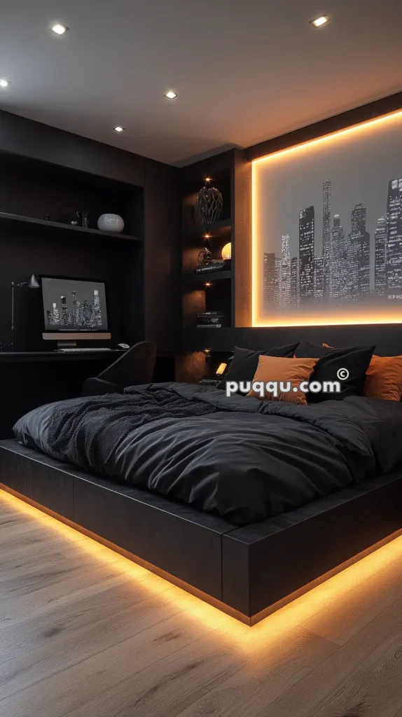 Modern bedroom with black decor, illuminated by ambient LED lighting around the bed base and a cityscape art piece on the wall. The room features a desk with a computer and built-in shelves with decorative items.