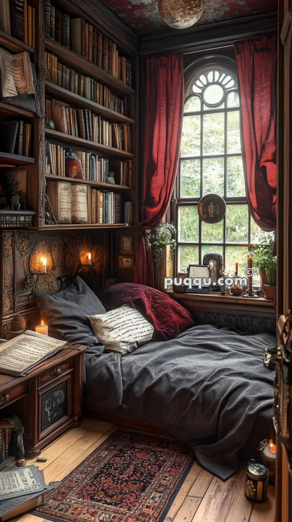 Cozy bedroom with a wooden bookshelf filled with books, a small bed with dark gray bedding, red curtains, candles, decorative plants, and an arched window.