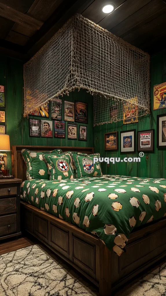 A cozy bedroom with dark wooden walls and a ceiling featuring a canopy made of netting above a green bed with soccer-themed bedding. The walls are adorned with various framed posters, and there is a wooden nightstand with a lamp beside the bed.