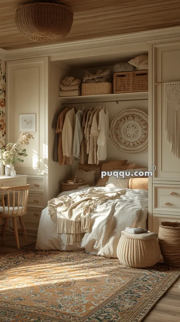 Cozy bedroom with a beige color scheme, featuring a neatly made bed with a throw blanket, a built-in wardrobe with clothes hanging, woven baskets for storage, and a decorative wall hanging above the headboard. There is a desk with a chair, floral wallpaper, a wicker ceiling light, and a patterned rug on the floor.