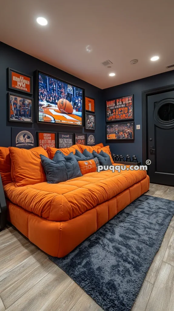 Cozy room with an orange sofa, blue cushions, and a large TV displaying a basketball game, surrounded by framed sports posters.