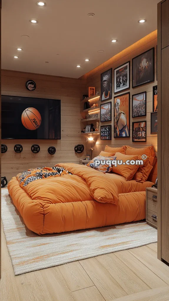 Bedroom with orange bedding, wooden walls, sports-themed decor, and a large screen displaying a basketball.