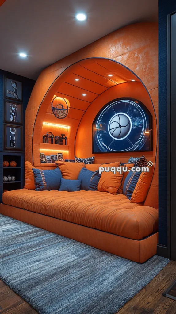 Cozy lounge area with an orange basketball-themed design, featuring a large cushioned seat, sports memorabilia, and a circular window displaying a basketball image.