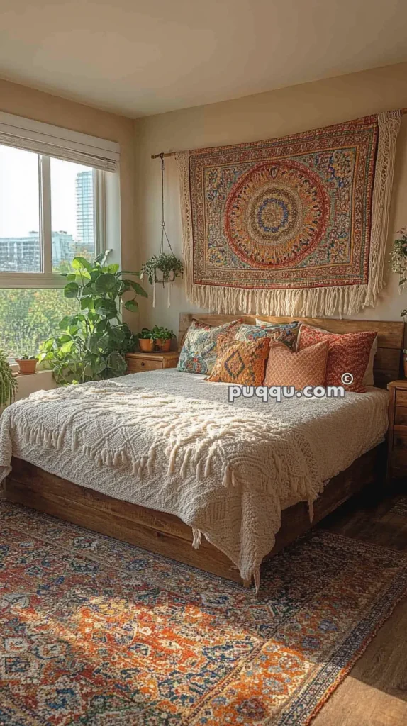 Cozy bedroom with a large bed featuring a beige knitted blanket and colorful patterned pillows. An intricate tapestry hangs above the bed, and numerous plants sit by the window and bedside table. Natural light floods the room through a large window.