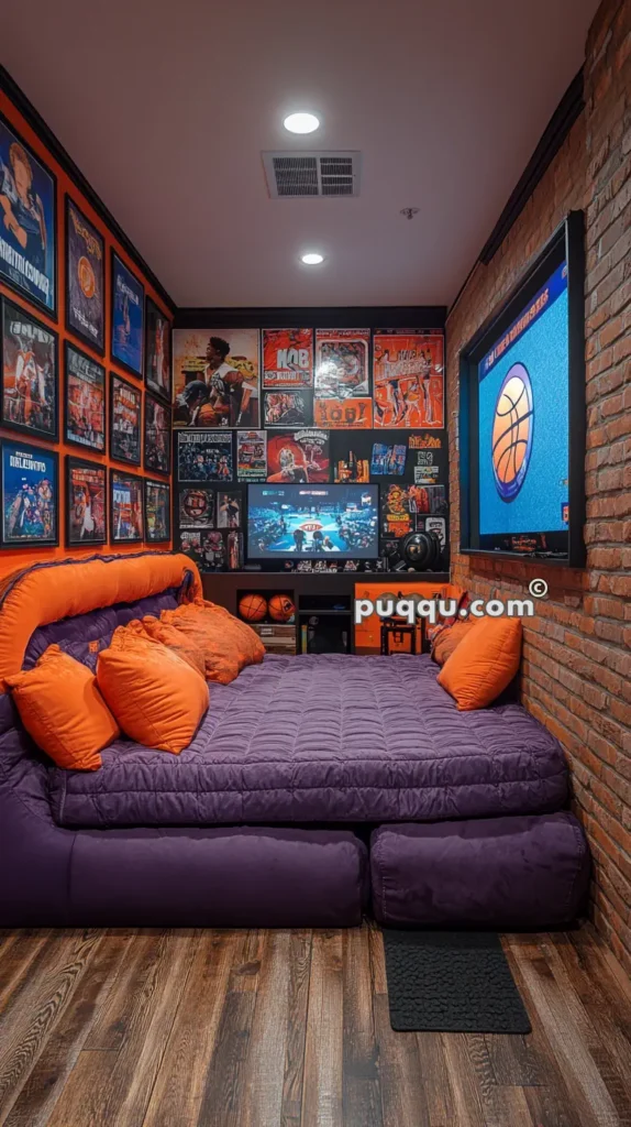 A cozy entertainment room with a large purple bed and orange pillows, two wall-mounted televisions, brick walls, wooden flooring, and various sports posters covering the walls.