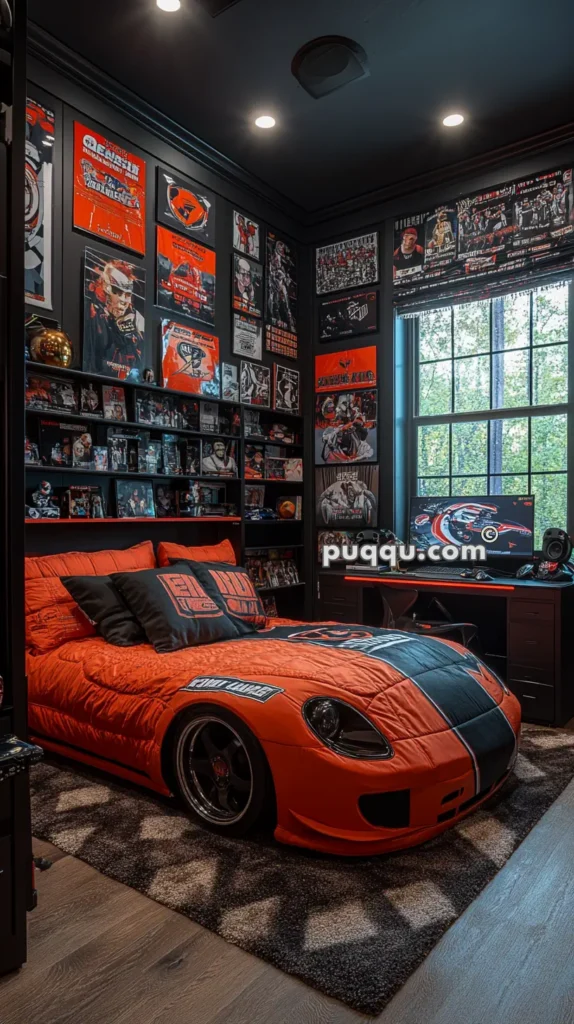 A themed bedroom featuring a car-shaped bed with orange and black bedding, surrounded by walls adorned with various posters, photos, and memorabilia. The room also includes shelves filled with books and collectibles, a window providing natural light, and a desktop computer setup.