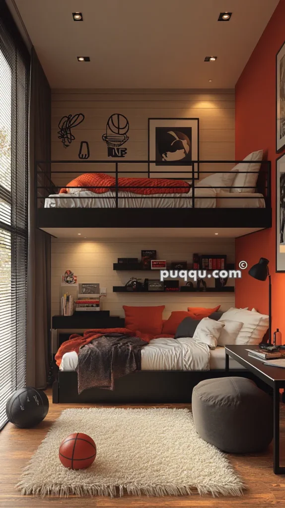 Modern bedroom with bunk beds, basketball-themed decor, orange accents, and large window blinds.