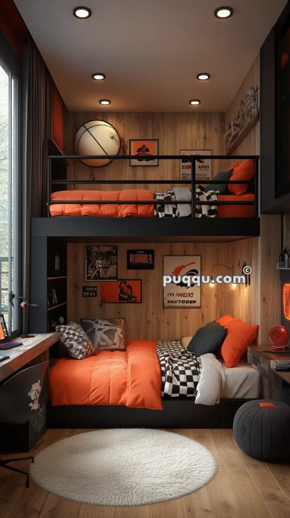 Modern bedroom with bunk beds featuring orange and black bedding, sports-themed decor, and wooden walls.