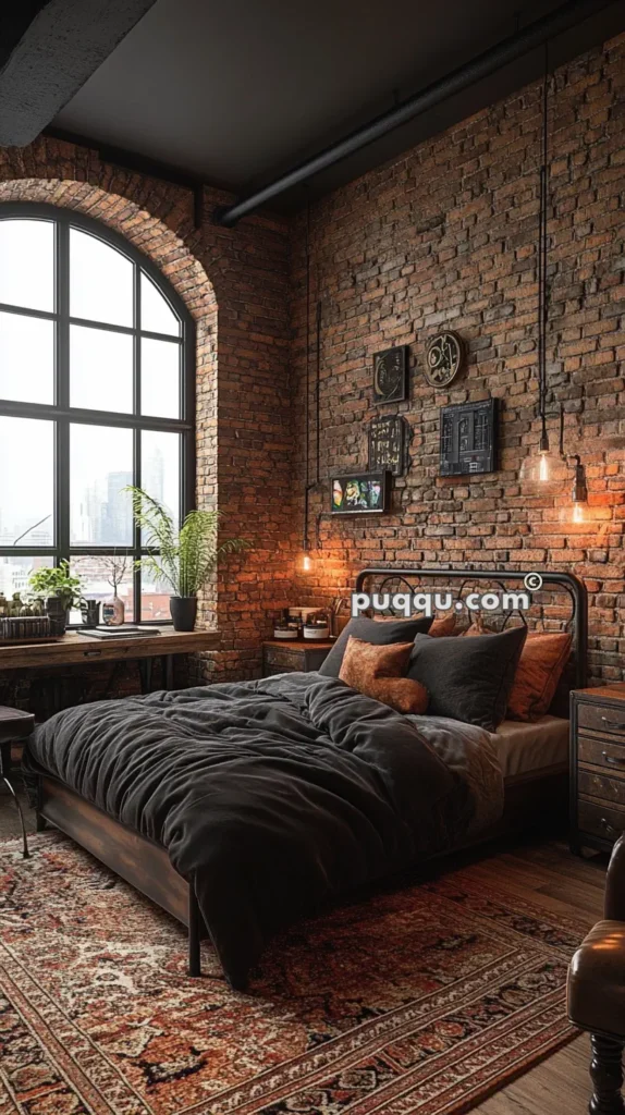 Cozy industrial-style bedroom with exposed brick walls, large arched window, dark bedding, vintage decor, and potted plants on a wooden desk.