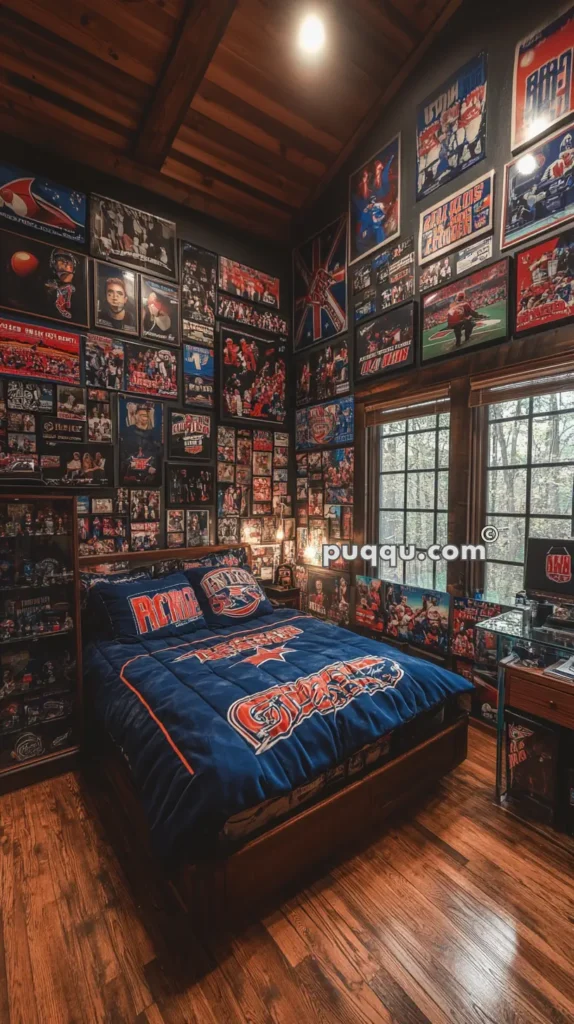 A bedroom with walls covered in numerous sports posters and memorabilia, hardwood floor, and a bed with blue and orange sports-themed bedding. Two large windows allow natural light into the room.