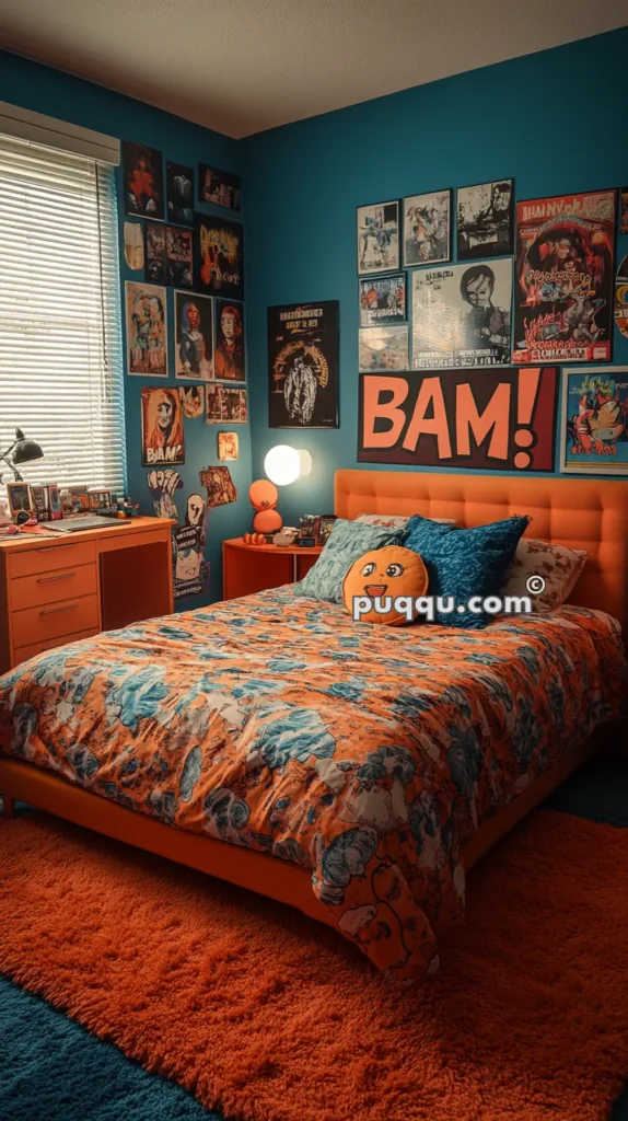 A colorful bedroom with teal walls featuring numerous vintage movie posters, an orange bed with a vibrant patterned bedspread, and various decorative pillows. A wooden desk is placed by the window, and the floor is covered with a fluffy orange rug.