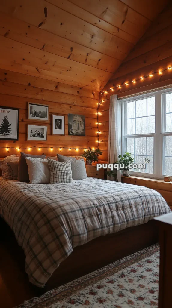 Cozy wooden cabin bedroom with a plaid bedspread, framed pictures on the wall, string lights, and large windows with views of the woods.