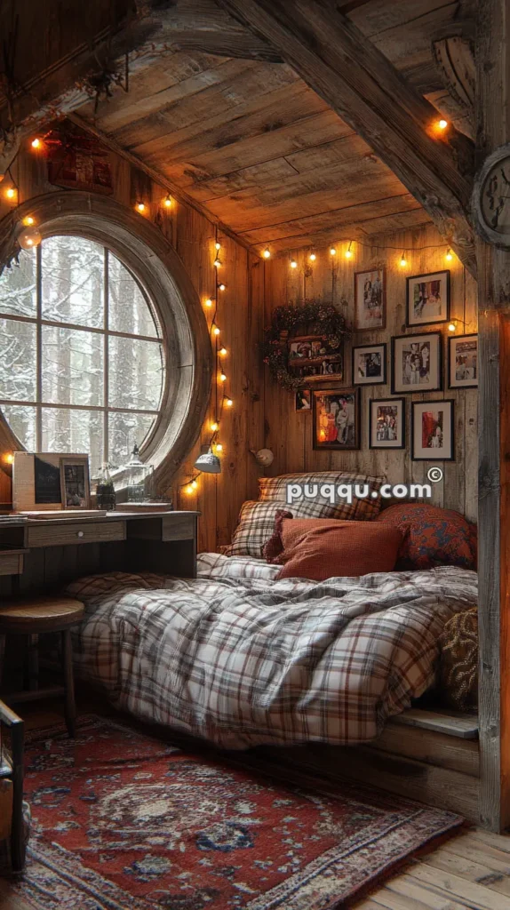 Cozy rustic cabin bedroom with a round window, plaid bedding, an oriental rug, string lights, a wooden desk with books, and photo frames on the wall.