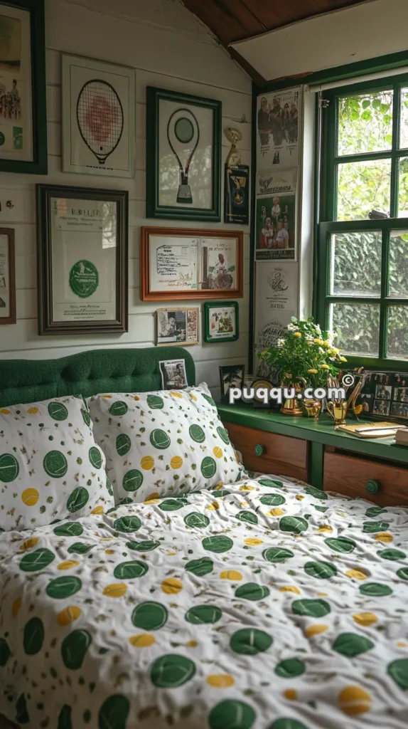 A cozy bedroom with a green and white tennis-themed bedspread, pillows, and headboard. The walls are decorated with tennis memorabilia, including framed tennis rackets, awards, and photographs. A green-framed window to the right lets in natural light, and a potted plant and various personal items are placed on a green dresser beneath the window.