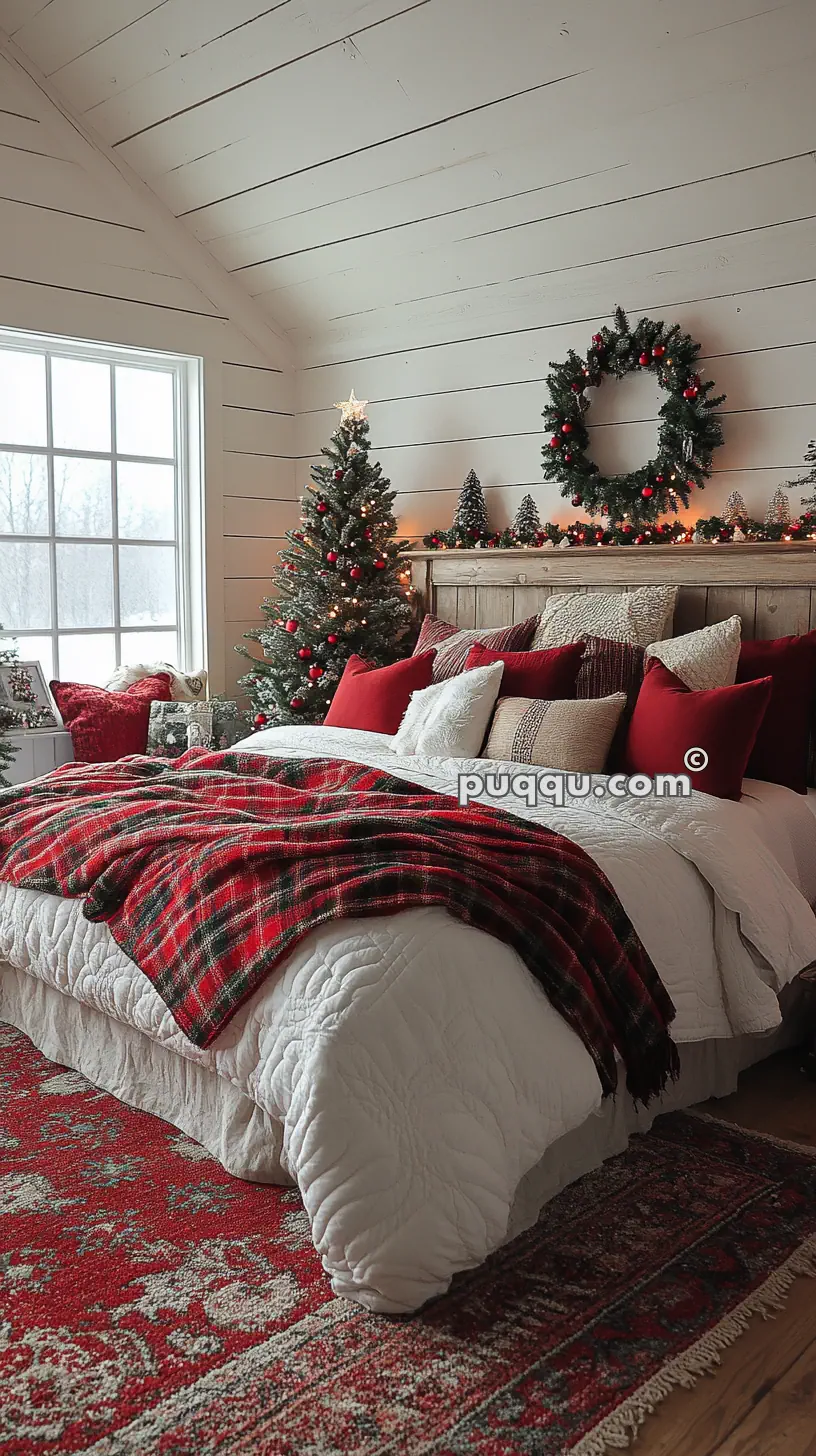 Cozy bedroom with a Christmas theme, featuring a decorated tree, wreaths, red and white bedding, and twinkling lights on a wooden headboard.