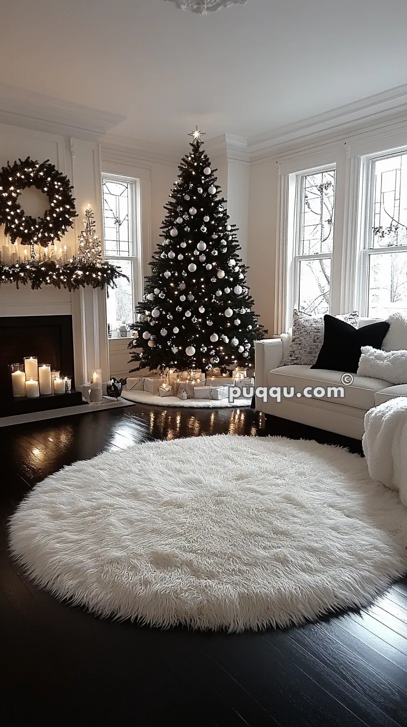 Cozy living room with a decorated Christmas tree, candles, wreaths, a white shaggy rug, and a white sofa.