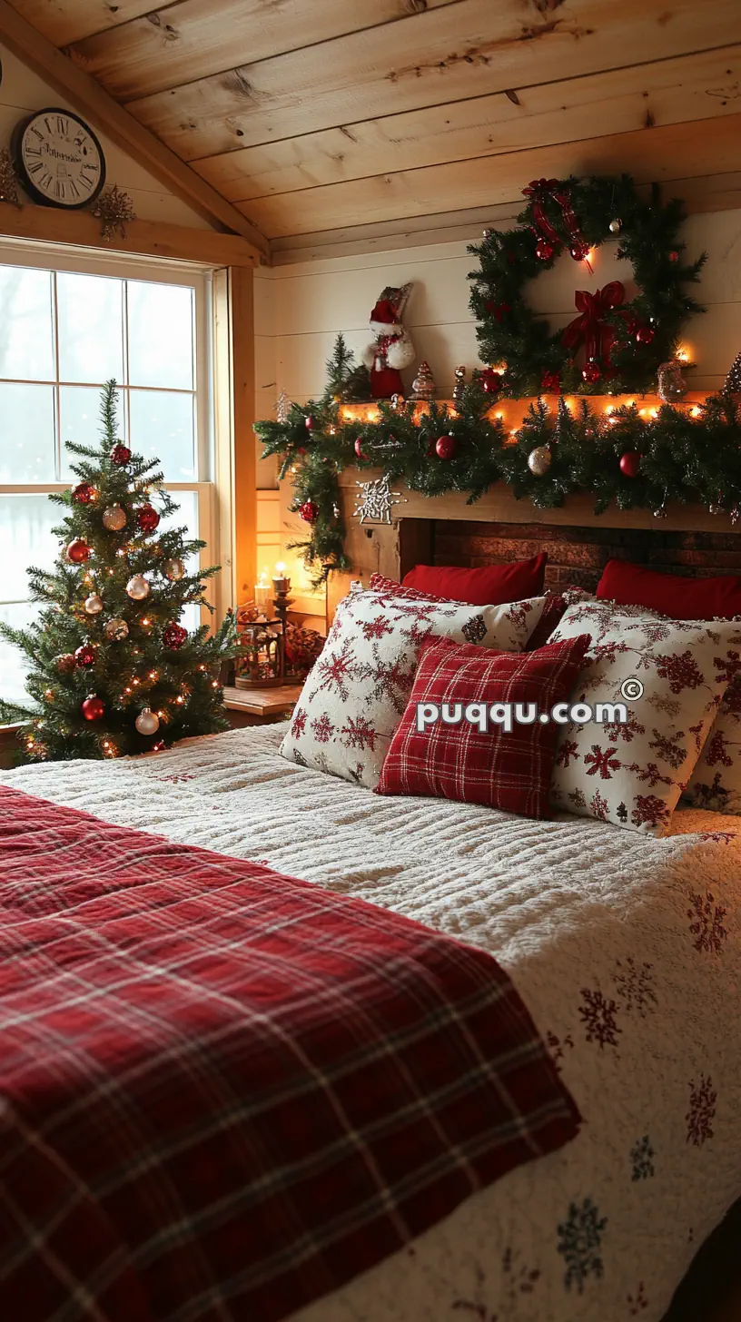 Cozy bedroom with festive Christmas decorations, including a small Christmas tree, garlands, and a wreath, alongside a bed with red and white plaid bedding.