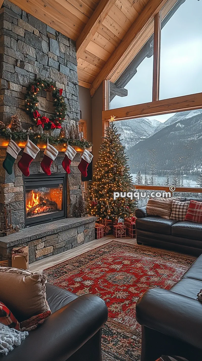 Cozy living room with a stone fireplace, Christmas stockings, a decorated tree, and large windows showing a snowy mountain view.