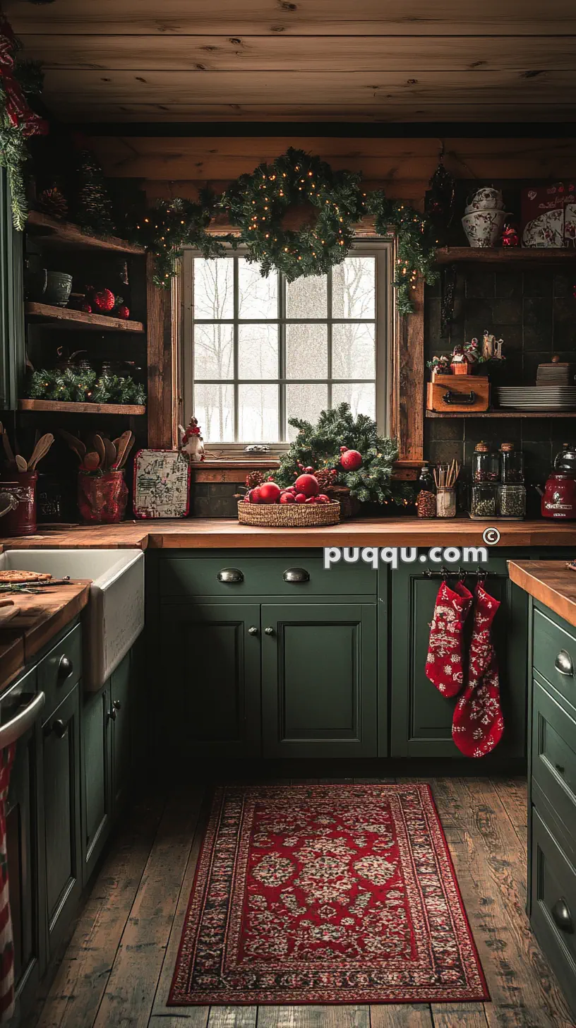 Cozy kitchen with green cabinets, wooden countertops, and festive Christmas decorations, including garlands, stockings, and a wreath.