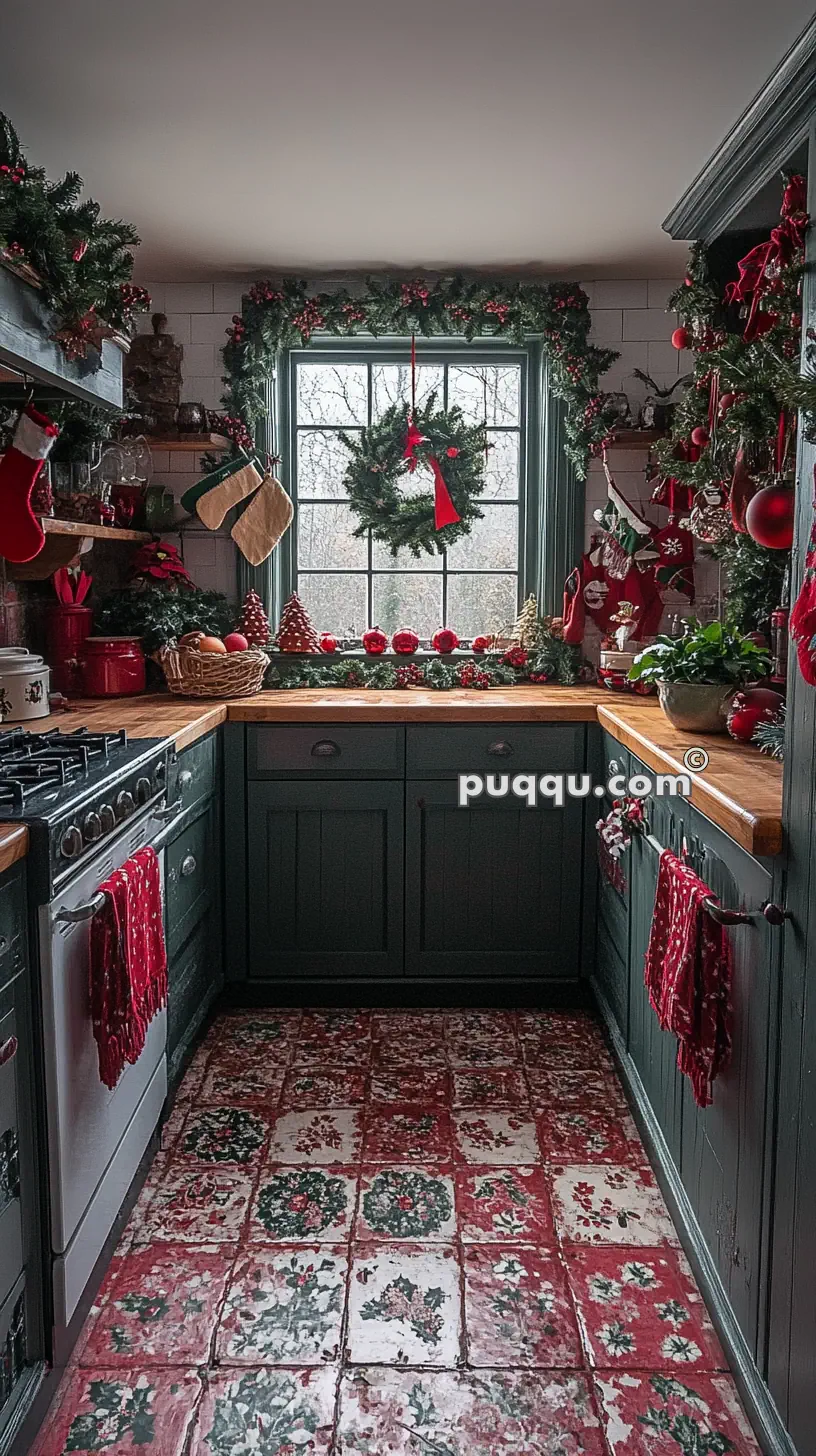 Festively decorated kitchen with red and green Christmas theme, featuring garlands, wreaths, stockings, and holiday ornaments.