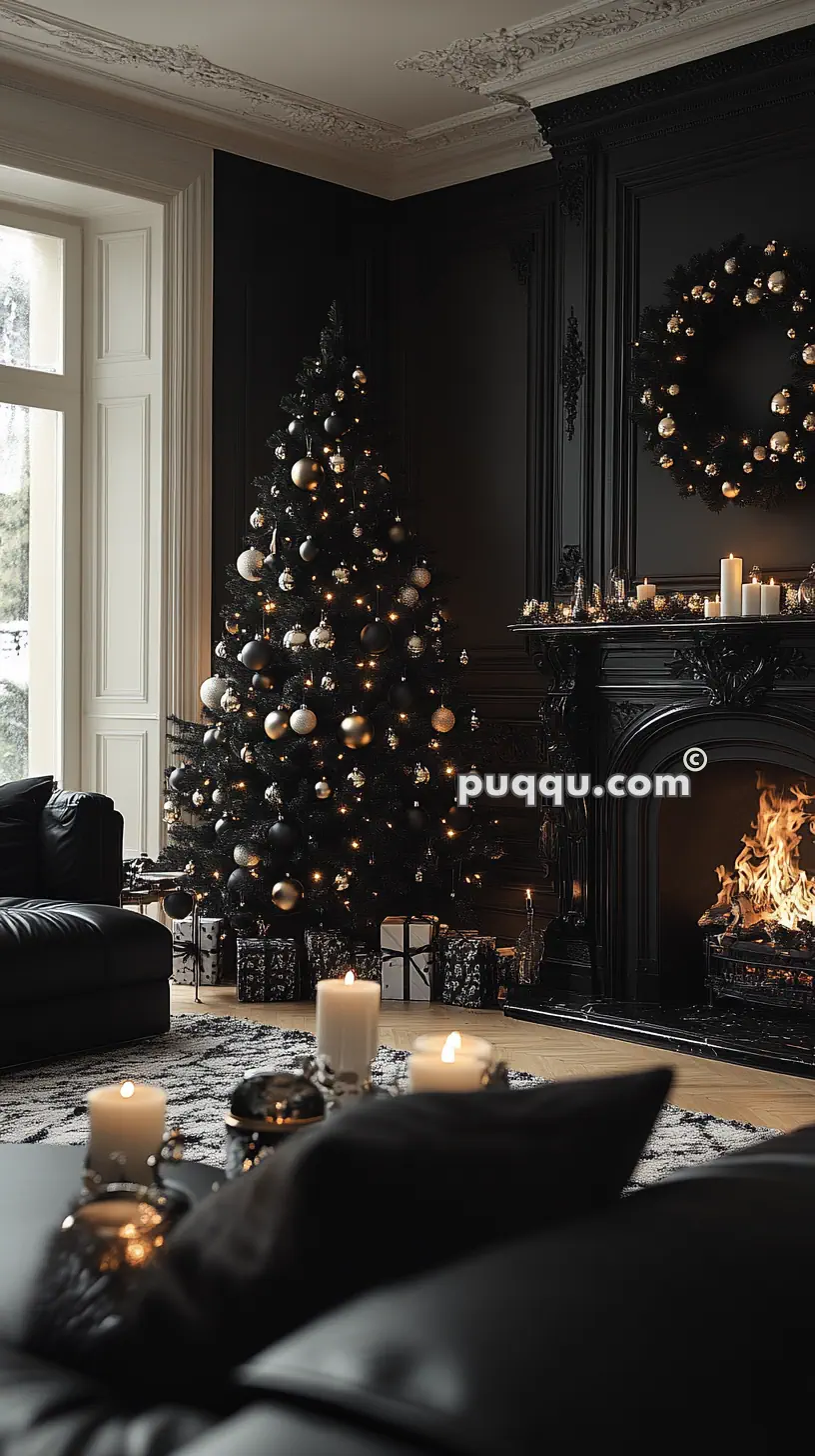 A cozy living room with a lit Christmas tree decorated in black and gold baubles, a fireplace with a roaring fire, and candles on the mantel and foreground table.