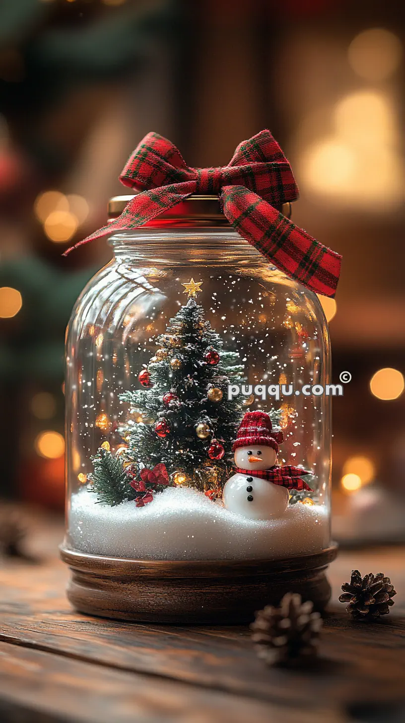 A festive snow globe featuring a decorated Christmas tree and a small snowman with a red scarf, enclosed in a jar topped with a red plaid bow.