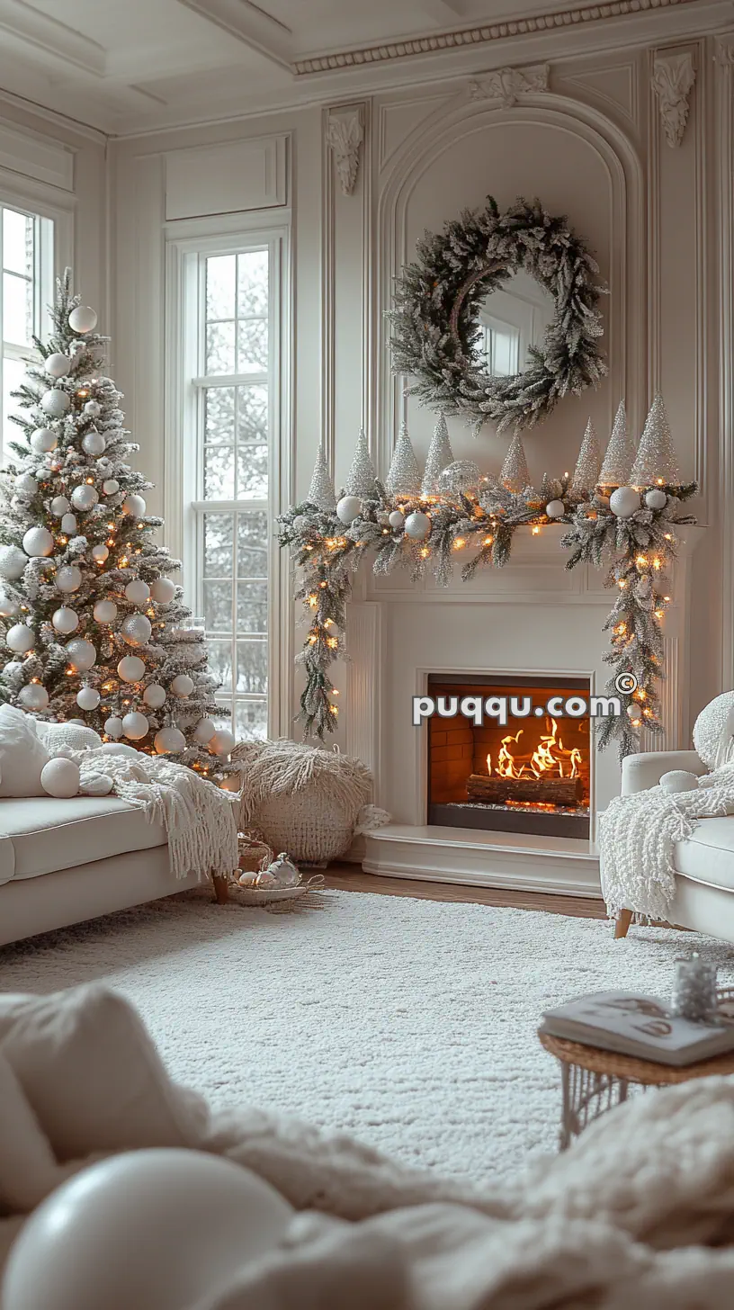 A cozy living room decorated for Christmas with a snow-dusted tree, white ornaments, a garland above the fireplace, and a burning fire.