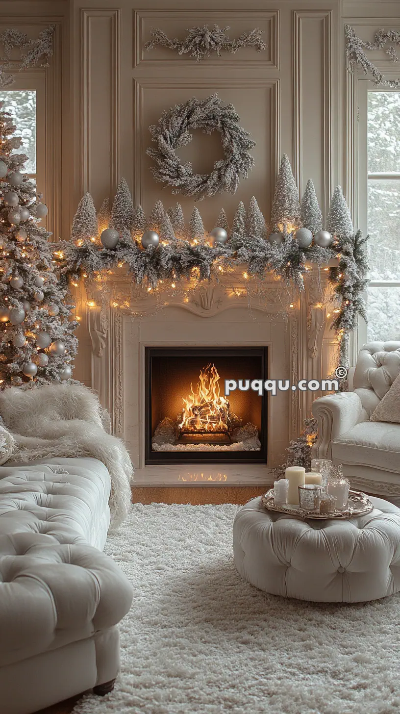 A cozy winter-themed living room with a lit fireplace, adorned with frosted garlands and wreaths. There’s a decorated Christmas tree, plush white seating, a fluffy rug, and candles on a tray in front of the fireplace.