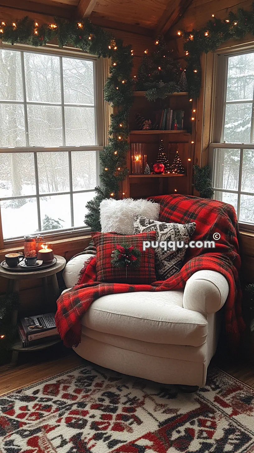 Cozy reading nook with a white armchair, red plaid blanket, and pillows, surrounded by Christmas decorations and twinkling lights, with a snowy view outside the window.