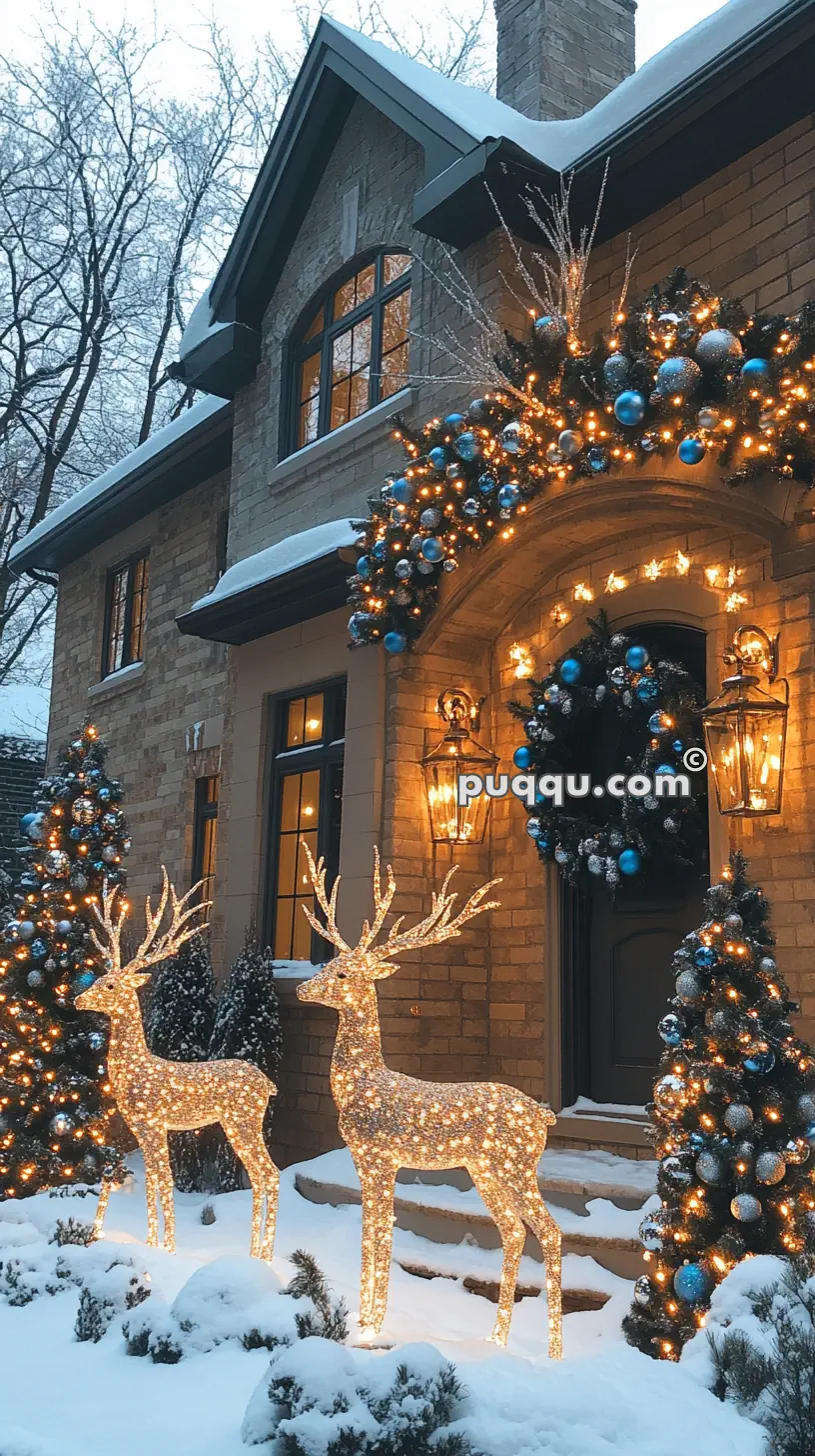 A festively decorated house with glowing reindeer and a wreath adorned with blue and silver ornaments.