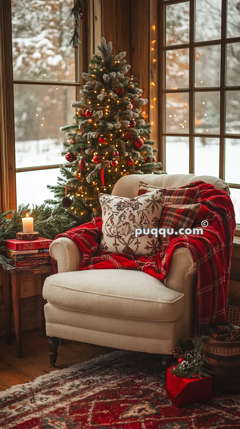 Cozy living room with a beige armchair draped in a red blanket, decorative pillows, a wooden side table with books and a candle, and a Christmas tree by the window with snowfall outside.