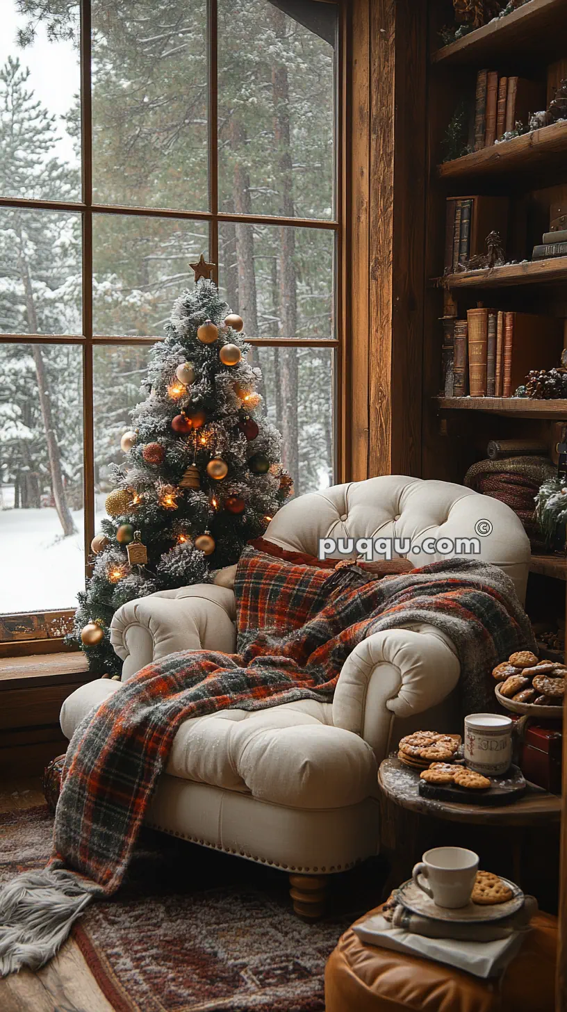 Cozy armchair with a plaid blanket beside a decorated Christmas tree, set near a large window overlooking a snowy forest scene, with cookies and a mug on small tables.