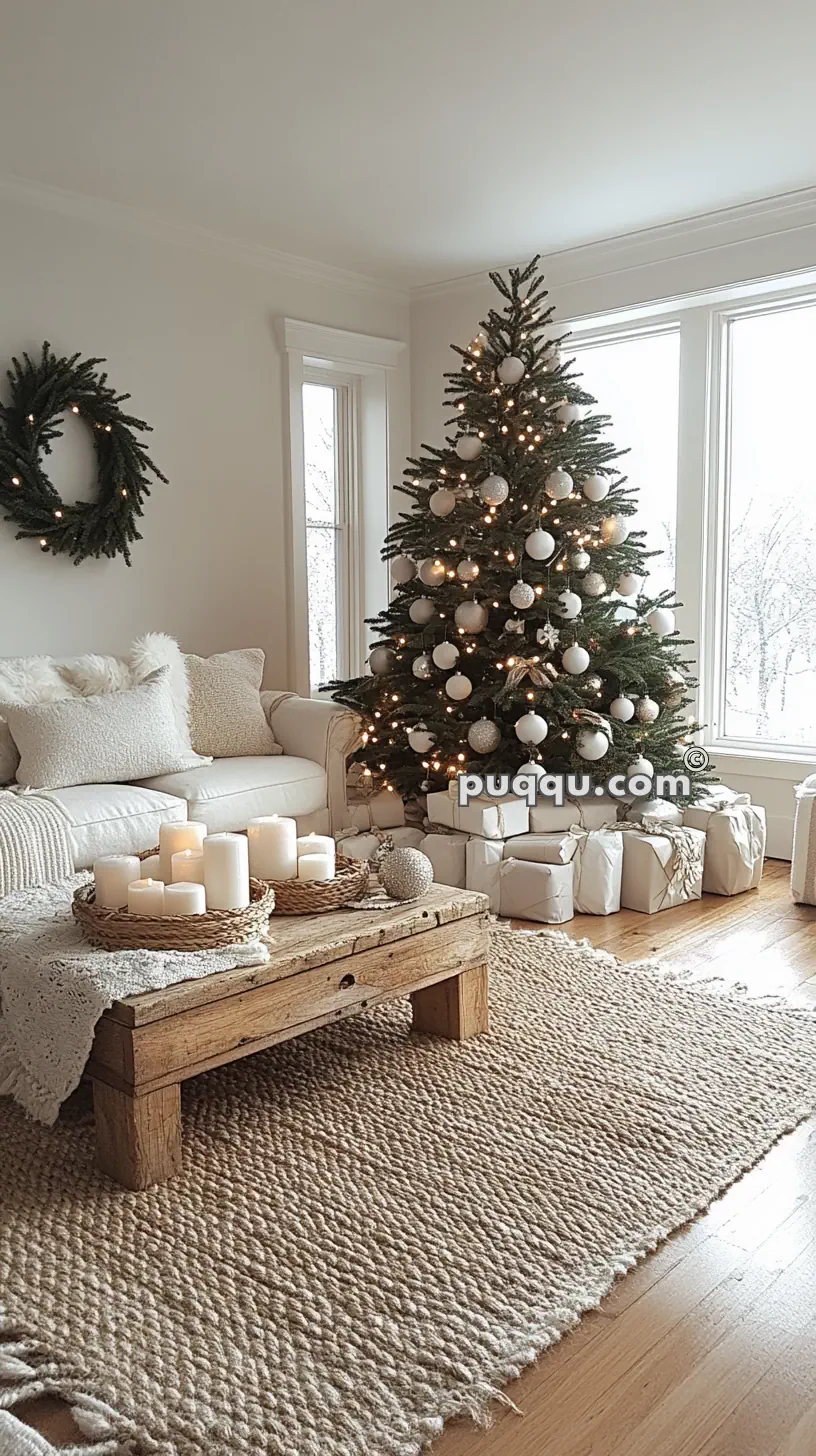 Cozy living room with a decorated Christmas tree, a garland wreath, a white sofa, and a wooden coffee table with candles, set against a backdrop of large windows and a woven rug.