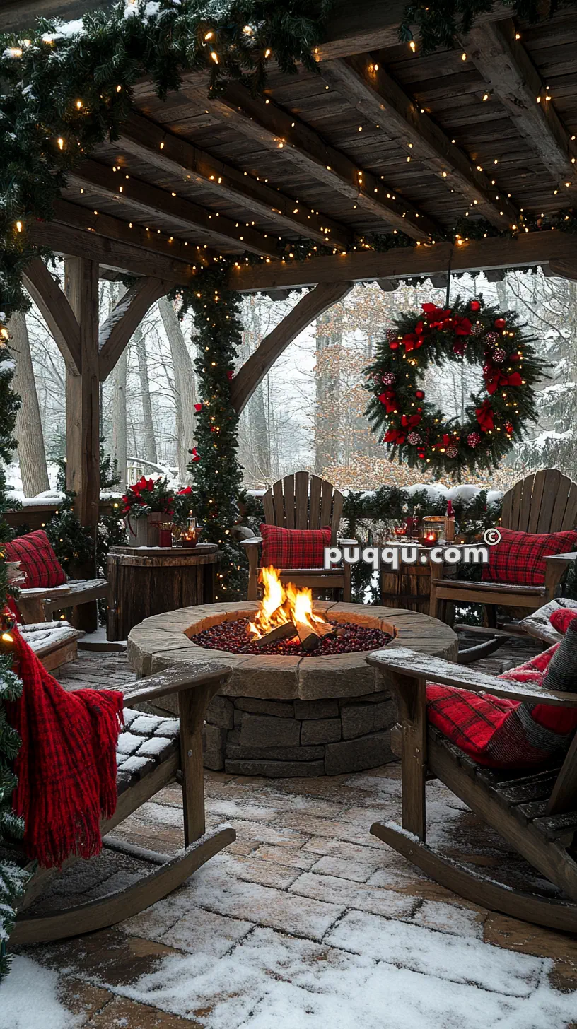 Cozy outdoor seating area with wooden chairs and a fire pit, decorated with Christmas garlands, lights, and a large wreath; snow-covered ground and trees in the background.