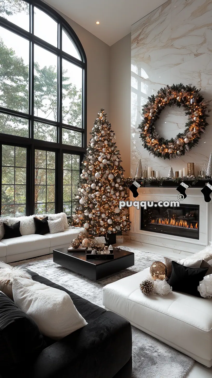 Modern living room with a decorated Christmas tree, a large wreath above a lit fireplace, and white sofas.