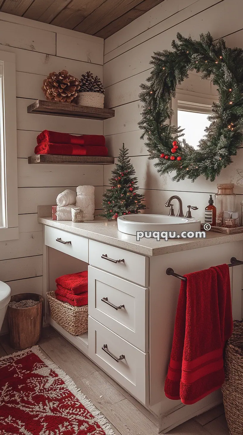 Cozy bathroom decorated for Christmas with a wreath, a small tree, red towels, and rustic accents.