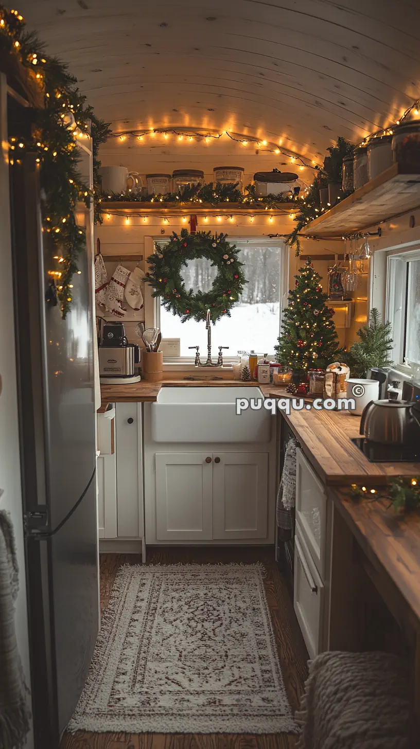 Cozy kitchen decorated for Christmas with fairy lights, a wreath on the window, and a small Christmas tree on the counter.