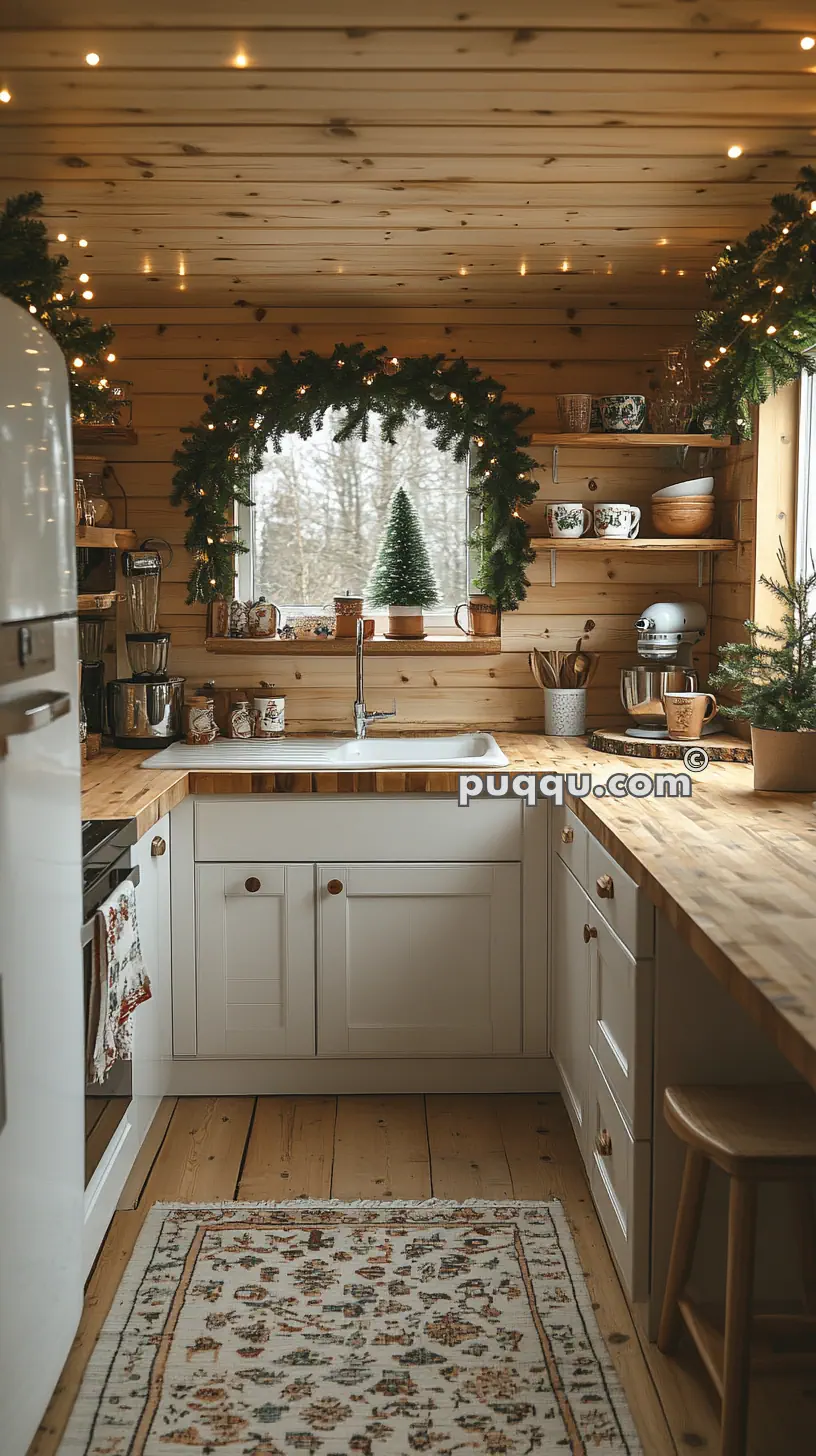 Rustic kitchen with wooden walls and ceiling, decorated with garlands and fairy lights. A small Christmas tree sits on the windowsill above the sink. White cabinetry and wooden countertops are complemented by patterned ceramic jars and a colorful area rug.