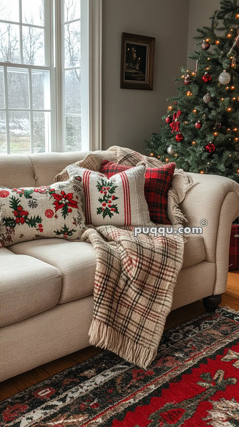 Cozy living room with a decorated Christmas tree, a beige couch with festive pillows, a plaid blanket, and a red patterned rug.