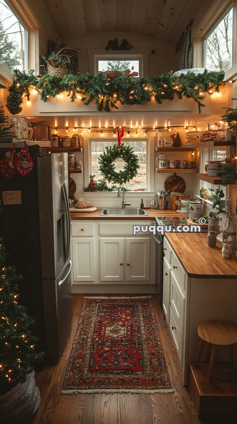 Cozy kitchen decorated for Christmas with garlands, a wreath on the window, wooden countertops, and a red patterned rug.