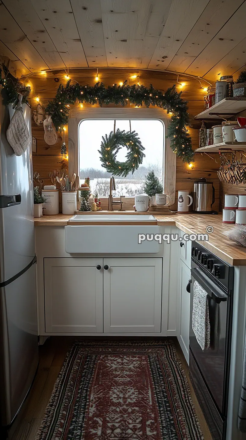 Cozy kitchen with white cabinetry, adorned with festive garlands and string lights, featuring a window with a wreath view of a snowy landscape.