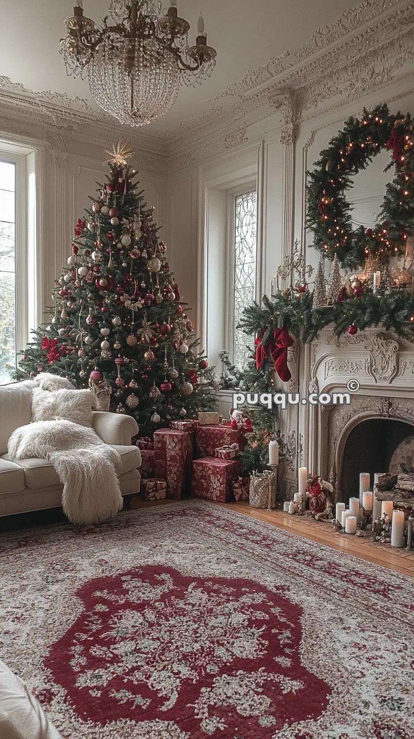 Elegant living room with a decorated Christmas tree, wrapped gifts, a wreath above a fireplace, white candles, a plush sofa, and a large ornate rug.