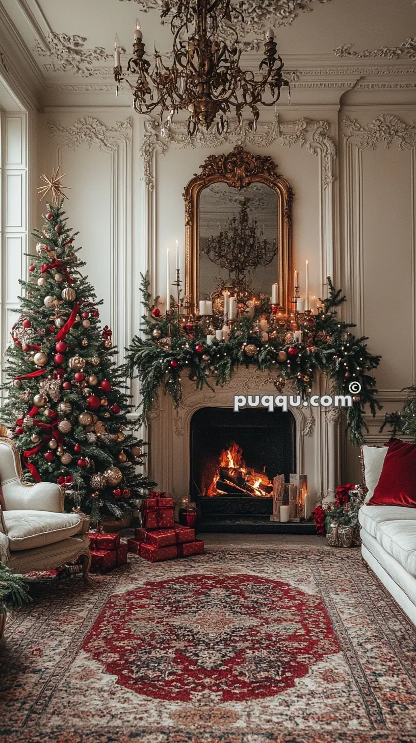 A luxurious living room decorated for Christmas, featuring an ornate chandelier, a decorated Christmas tree with red and gold ornaments, a fireplace with a garland and candles, and wrapped presents on the floor.