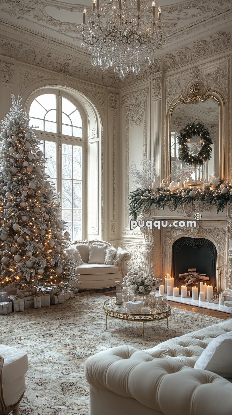 Elegant living room decorated for Christmas with a tall, white-lit tree, ornate fireplace garland, candles, and plush furniture.