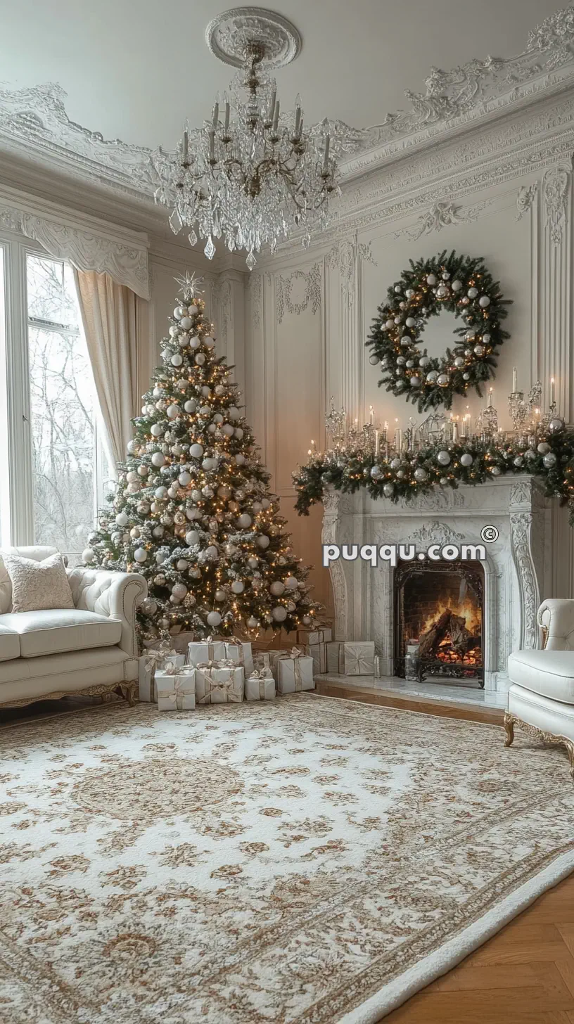 Elegant living room with a decorated Christmas tree, fireplace adorned with garlands, and a luxurious chandelier.