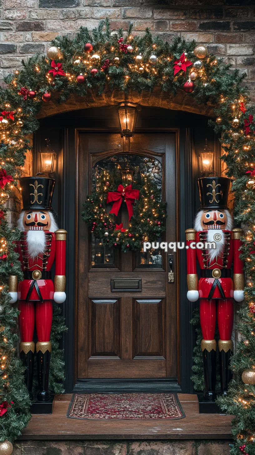 Festive front door with nutcracker statues and Christmas wreath, adorned with garlands and lights.