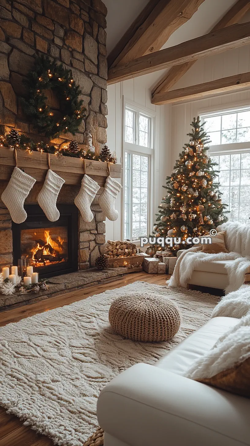 Cozy living room with a stone fireplace, Christmas stockings, a decorated tree, and plush white furnishings.