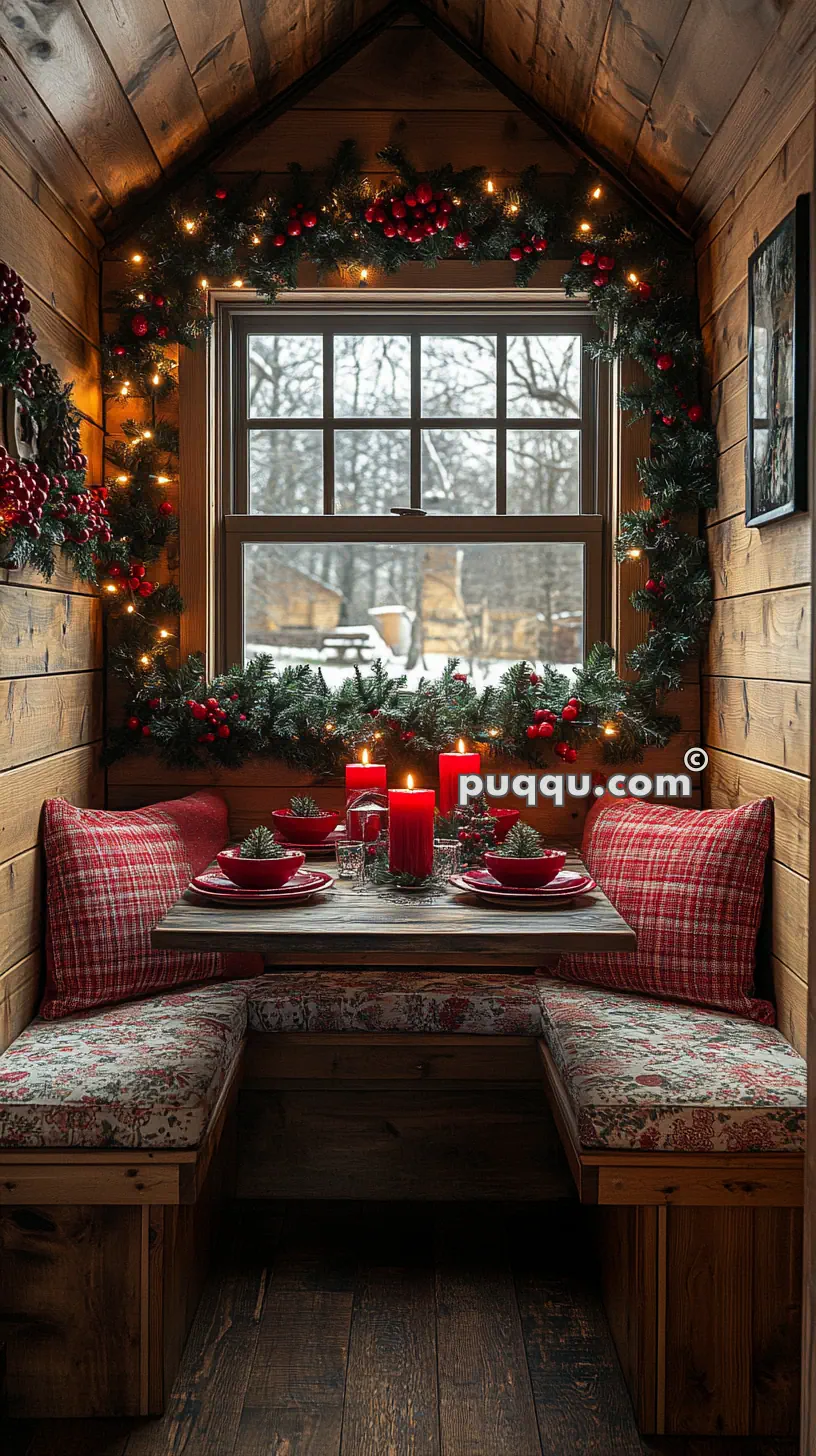 Cozy dining nook with red plaid cushions, Christmas decorations, a garland with lights and berries around the window, and red candles on a rustic table set for two.